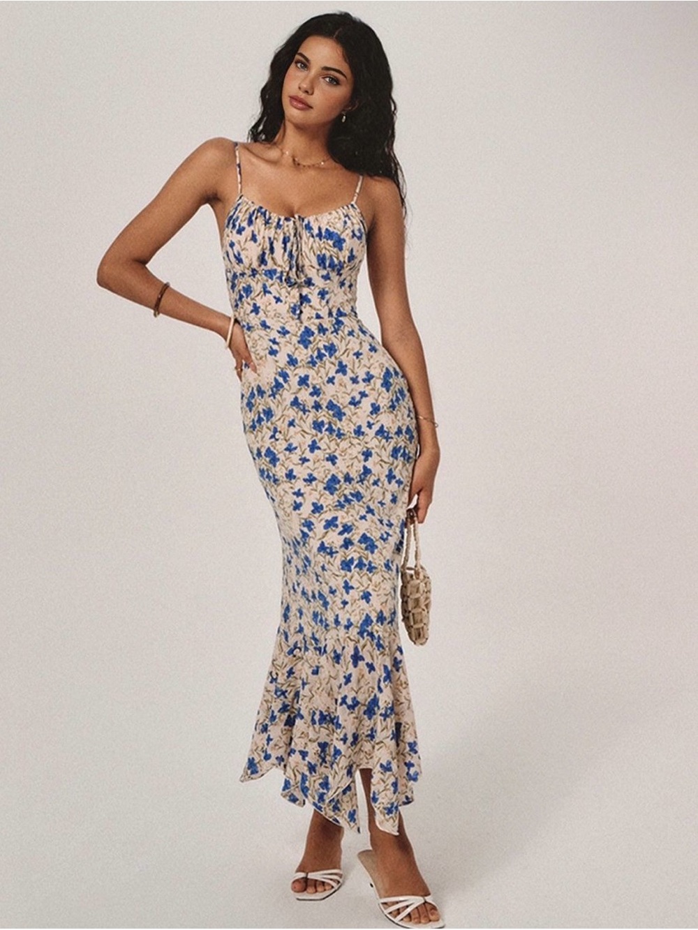 Commense Floral Print Knotted Irregular Hem Long Dress